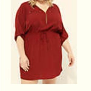 Plus Burgundy Zip Front Woven Shirt Dress In 3X